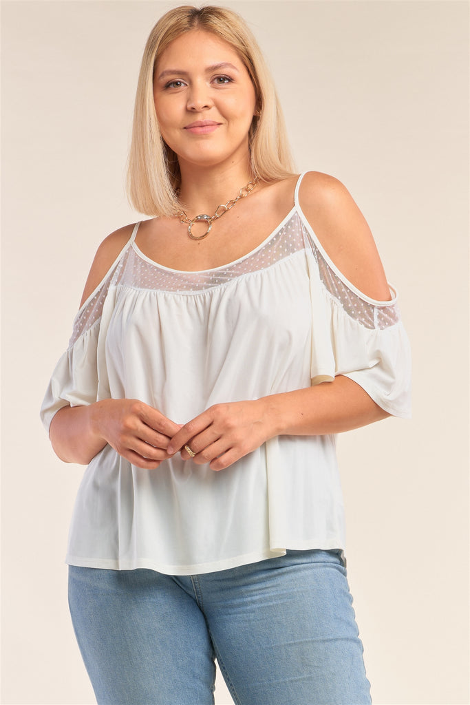 Plus Size Ivory Relaxed Fit Off-the-shoulder Polka Dot Mesh Hem Babydoll Top - Deals Kiosk