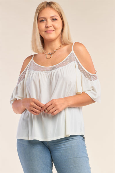 Plus Size Ivory Relaxed Fit Off-the-shoulder Polka Dot Mesh Hem Babydoll Top - Deals Kiosk