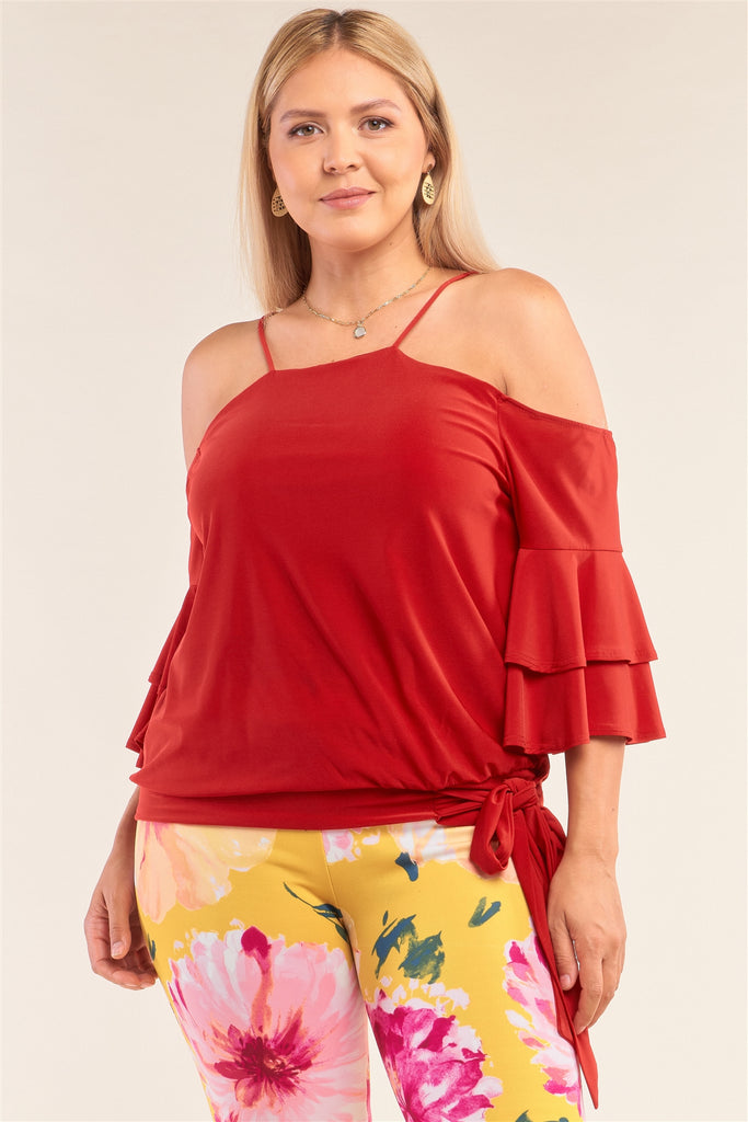 Plus Size Red Sleeveless Off-the-shoulder Layered Angel Sleeve Self-tie Hem Top - Deals Kiosk