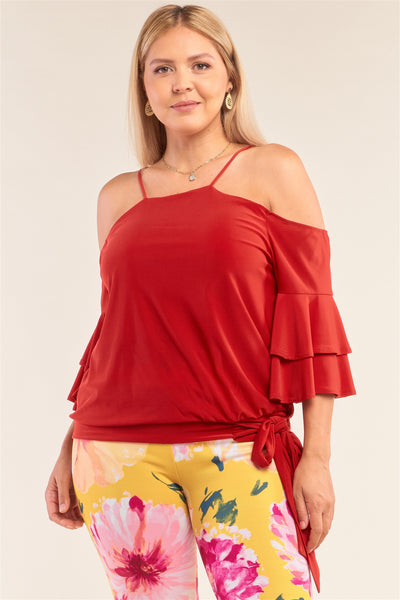 Plus Size Red Sleeveless Off-the-shoulder Layered Angel Sleeve Self-tie Hem Top - Deals Kiosk