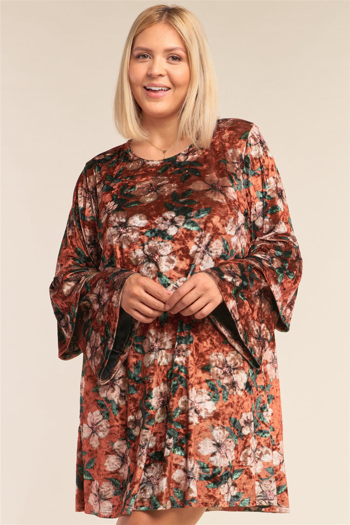 Plus Size Floral Print Velvet Long Layered Hem Sleeve Mini Dress - Deals Kiosk