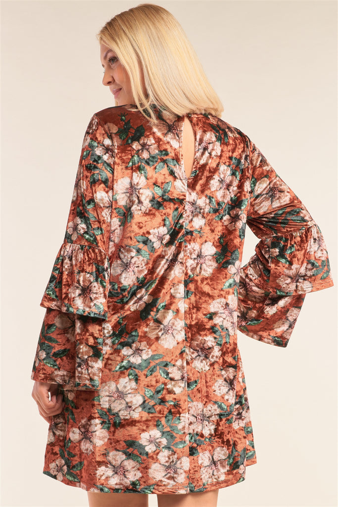 Plus Size Floral Print Velvet Long Layered Hem Sleeve Mini Dress - Deals Kiosk