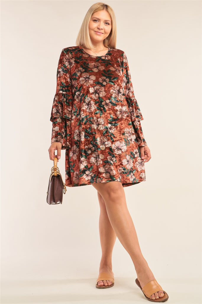 Plus Size Floral Print Velvet Long Layered Hem Sleeve Mini Dress - Deals Kiosk