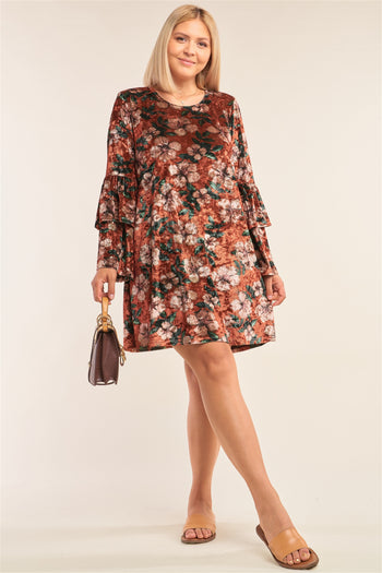 Plus Size Floral Print Velvet Long Layered Hem Sleeve Mini Dress - Deals Kiosk
