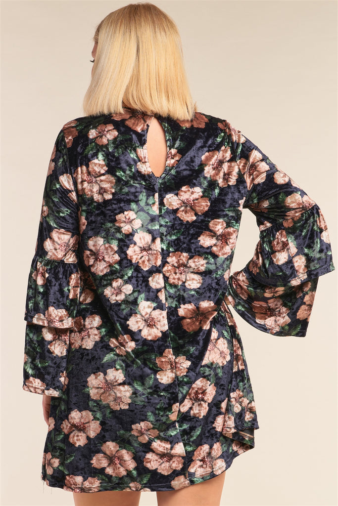 Plus Size Floral Print Velvet Long Layered Hem Sleeve Mini Dress - Deals Kiosk