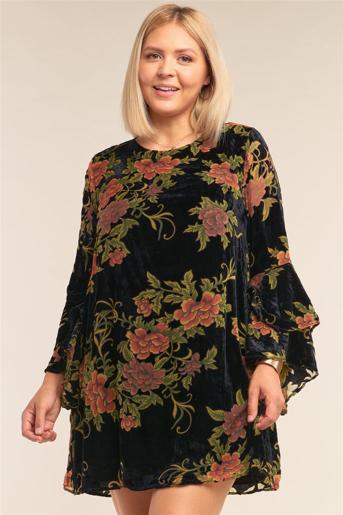 Plus Size Velvet Floral Pattern Long Angel Sleeve Round Neck Relaxed Fit Mini Dress - Deals Kiosk