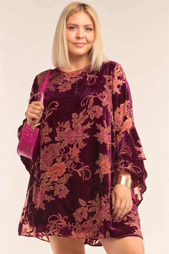 Plus Size Velvet Floral Pattern Long Angel Sleeve Round Neck Relaxed Fit Mini Dress - Deals Kiosk