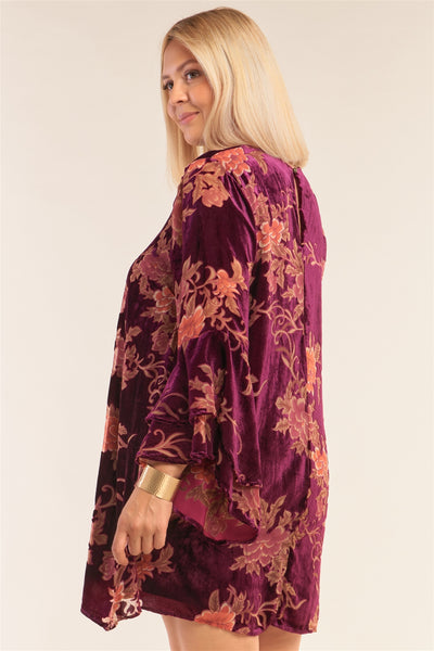 Plus Size Velvet Floral Pattern Long Angel Sleeve Round Neck Relaxed Fit Mini Dress - Deals Kiosk