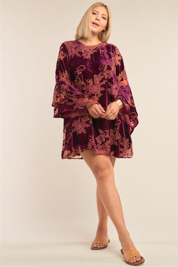 Plus Size Velvet Floral Pattern Long Angel Sleeve Round Neck Relaxed Fit Mini Dress - Deals Kiosk