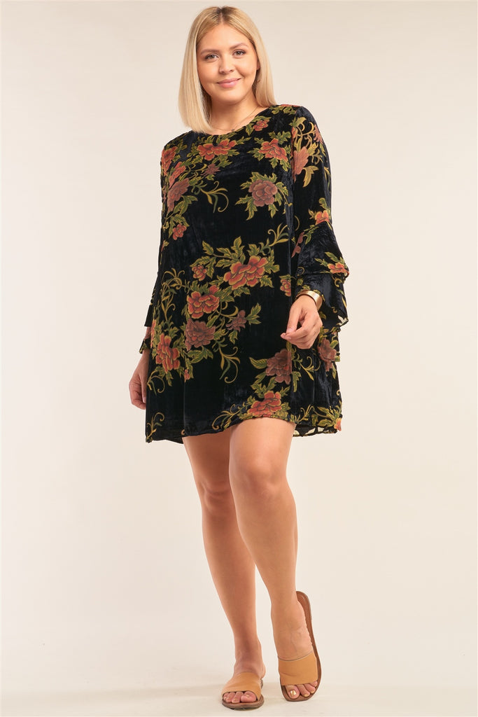 Plus Size Velvet Floral Pattern Long Angel Sleeve Round Neck Relaxed Fit Mini Dress - Deals Kiosk