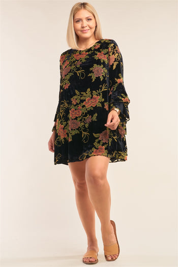Plus Size Velvet Floral Pattern Long Angel Sleeve Round Neck Relaxed Fit Mini Dress - Deals Kiosk