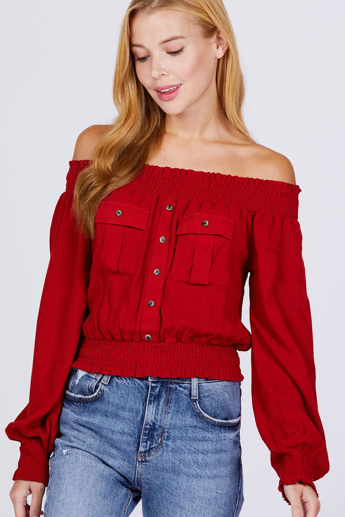 Front Pocket Off Shoulder Top - Deals Kiosk