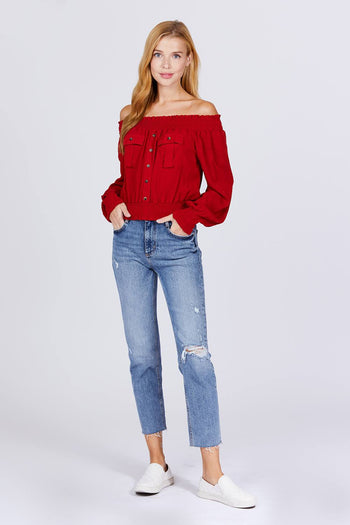 Front Pocket Off Shoulder Top - Deals Kiosk