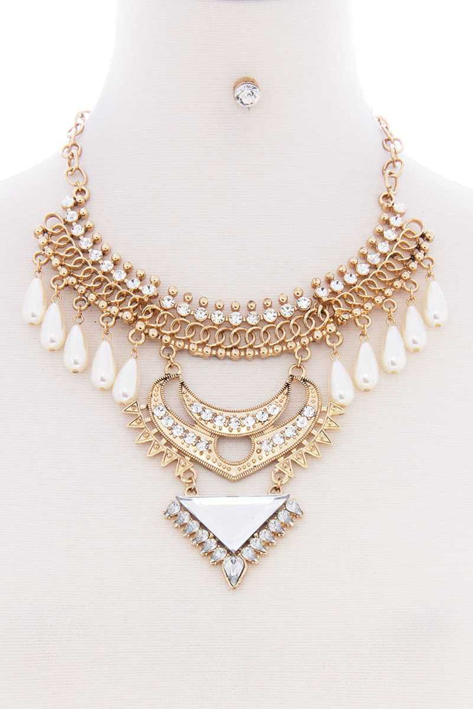 Chunky Pearl Antique Stone Boho Bohemian Statement Necklace Earring Set - Deals Kiosk