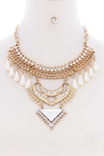 Chunky Pearl Antique Stone Boho Bohemian Statement Necklace Earring Set - Deals Kiosk