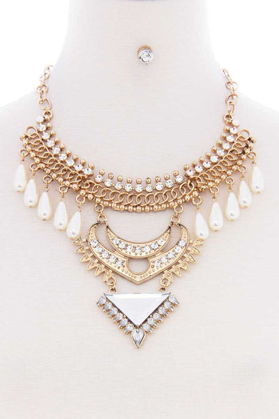 Chunky Pearl Antique Stone Boho Bohemian Statement Necklace Earring Set - Deals Kiosk
