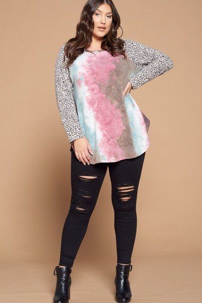 Plus Size French Terry Tie Dye Casual Color Block Top - Deals Kiosk