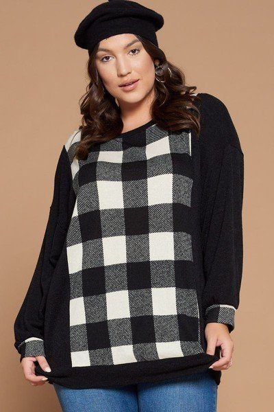 Plus Size Buffalo Plaid Check Contrast Pullover Tunic Top - Deals Kiosk