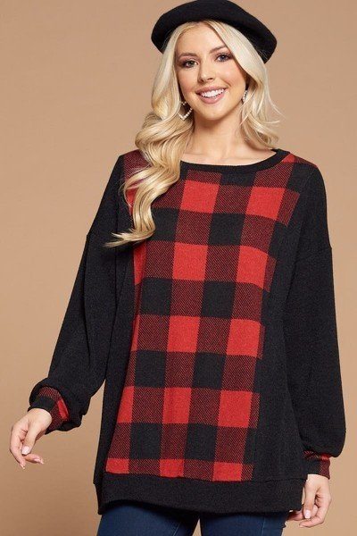 Plus Size Buffalo Plaid Check Contrast Pullover Tunic Top - Deals Kiosk