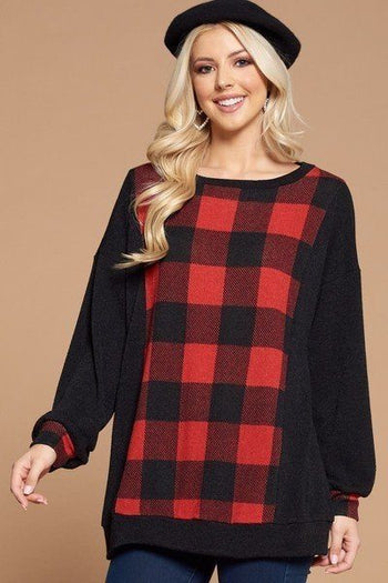 Plus Size Buffalo Plaid Check Contrast Pullover Tunic Top - Deals Kiosk