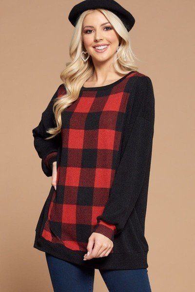Plus Size Buffalo Plaid Check Contrast Pullover Tunic Top - Deals Kiosk