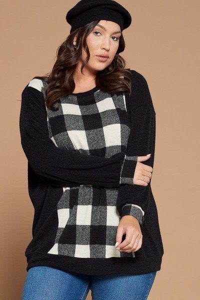 Plus Size Buffalo Plaid Check Contrast Pullover Tunic Top - Deals Kiosk