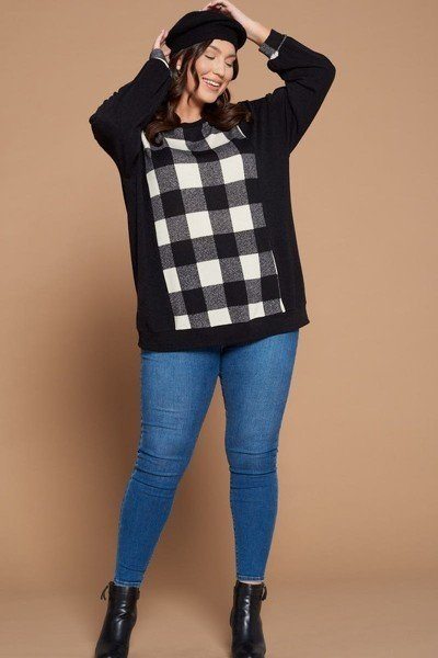 Plus Size Buffalo Plaid Check Contrast Pullover Tunic Top - Deals Kiosk