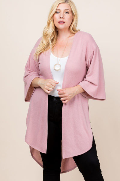 Plus Size Solid Hacci Brush Open Front Long Cardigan With Bell Sleeves - Deals Kiosk