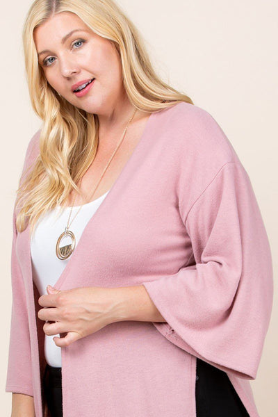 Plus Size Solid Hacci Brush Open Front Long Cardigan With Bell Sleeves - Deals Kiosk