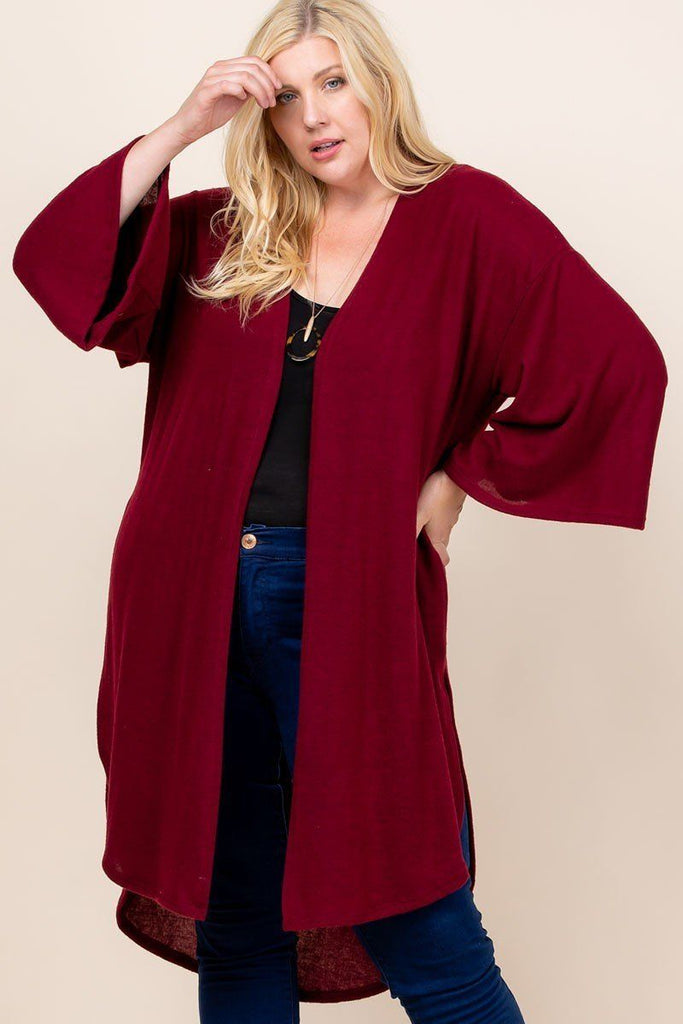 Plus Size Solid Hacci Brush Open Front Long Cardigan With Bell Sleeves - Deals Kiosk