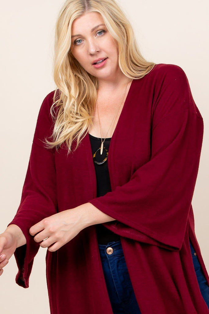 Plus Size Solid Hacci Brush Open Front Long Cardigan With Bell Sleeves - Deals Kiosk