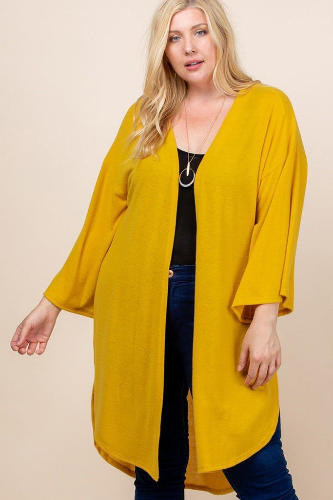 Plus Size Solid Hacci Brush Open Front Long Cardigan With Bell Sleeves - Deals Kiosk