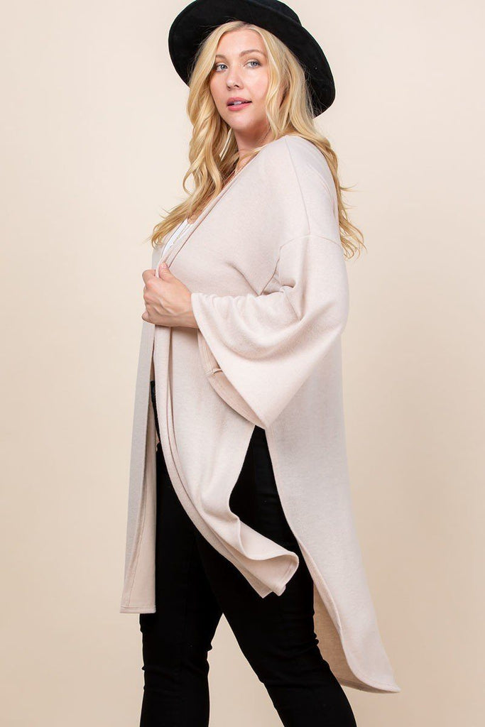 Plus Size Solid Hacci Brush Open Front Long Cardigan With Bell Sleeves - Deals Kiosk
