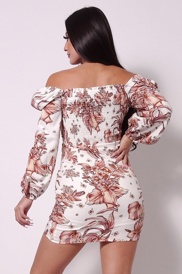 Balloon Sleeve Front Surplus Shirred Hem Floral Mini Dress - Deals Kiosk