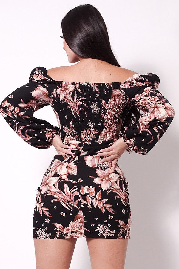 Balloon Sleeve Front Surplus Shirred Hem Floral Mini Dress - Deals Kiosk