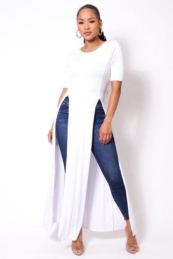Elbow Sleeve Maxi Tank Top With Side Slits - Deals Kiosk