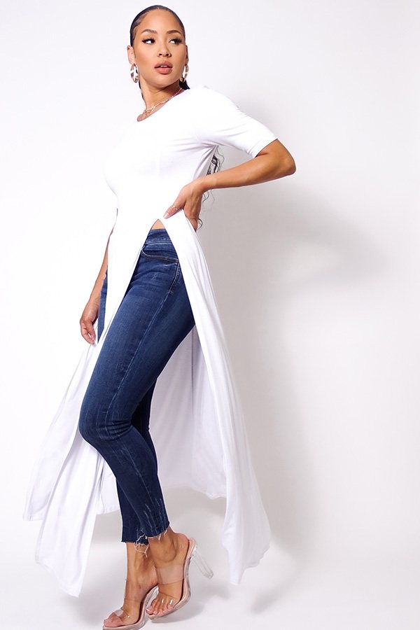 Elbow Sleeve Maxi Tank Top With Side Slits - Deals Kiosk