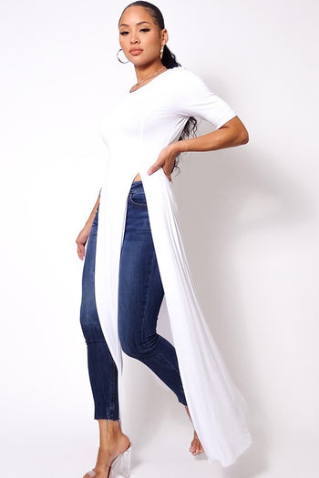Elbow Sleeve Maxi Tank Top With Side Slits - Deals Kiosk