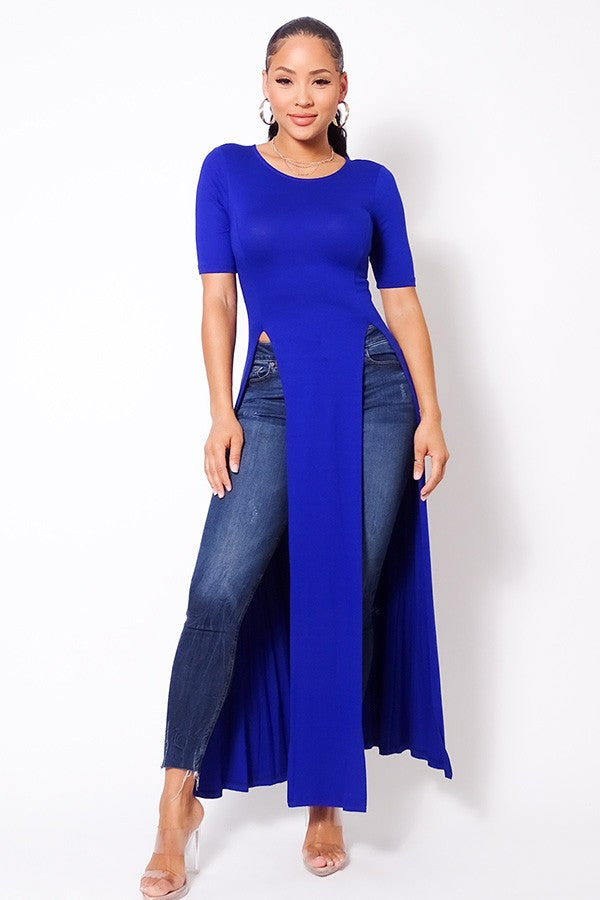 Elbow Sleeve Maxi Tank Top With Side Slits - Deals Kiosk