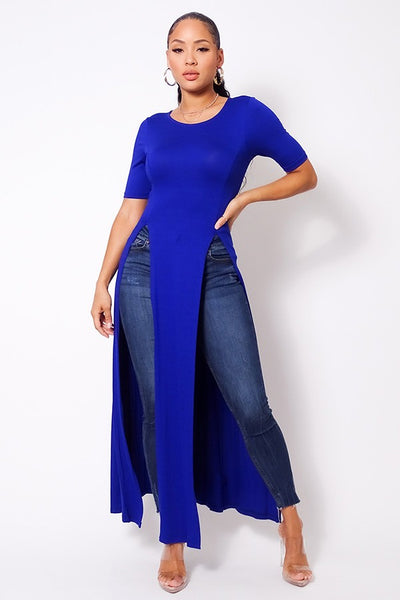 Elbow Sleeve Maxi Tank Top With Side Slits - Deals Kiosk