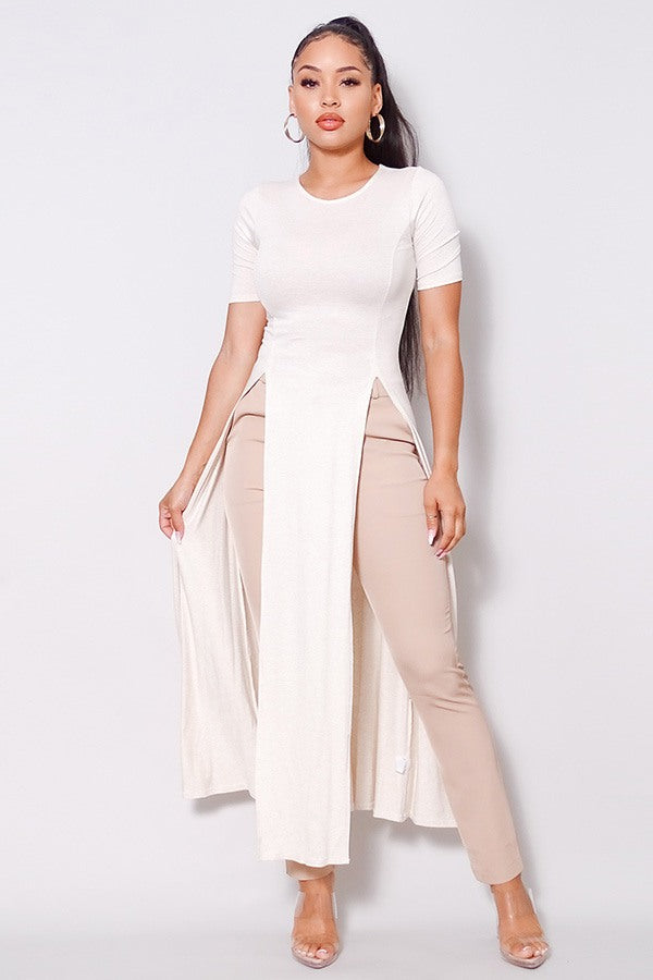 Elbow Sleeve Maxi Tank Top With Side Slits - Deals Kiosk