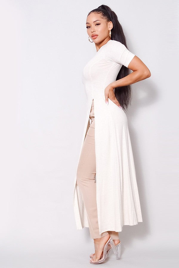 Elbow Sleeve Maxi Tank Top With Side Slits - Deals Kiosk