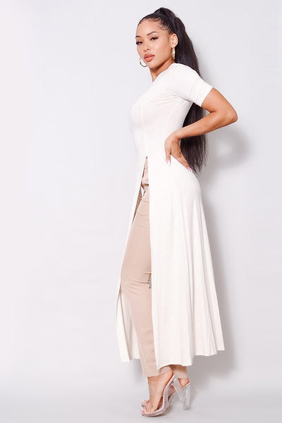 Elbow Sleeve Maxi Tank Top With Side Slits - Deals Kiosk