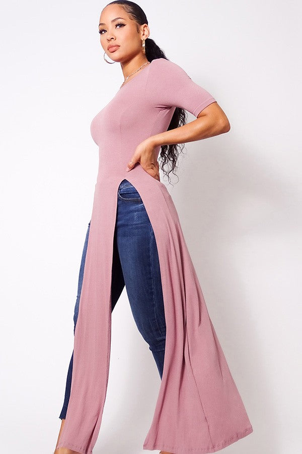 Elbow Sleeve Maxi Tank Top With Side Slits - Deals Kiosk