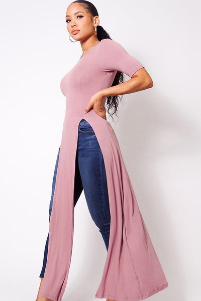 Elbow Sleeve Maxi Tank Top With Side Slits - Deals Kiosk