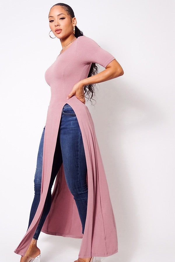Elbow Sleeve Maxi Tank Top With Side Slits - Deals Kiosk