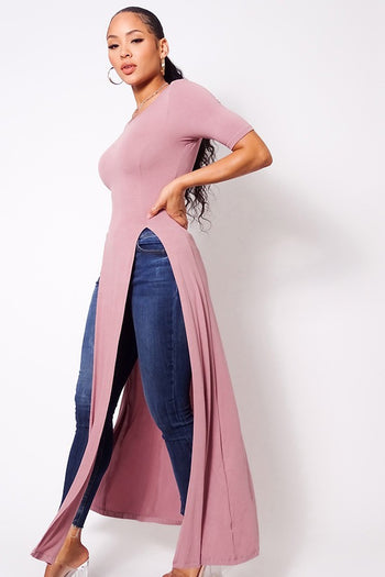 Elbow Sleeve Maxi Tank Top With Side Slits - Deals Kiosk