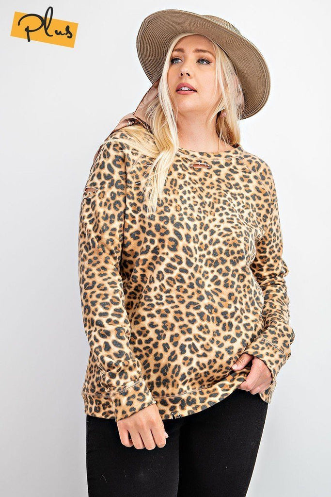Long Sleeve Leopard Printed Terry Knit Pullover - Deals Kiosk
