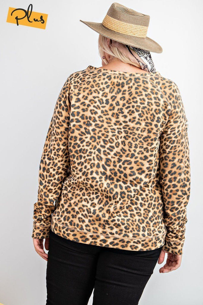 Long Sleeve Leopard Printed Terry Knit Pullover - Deals Kiosk