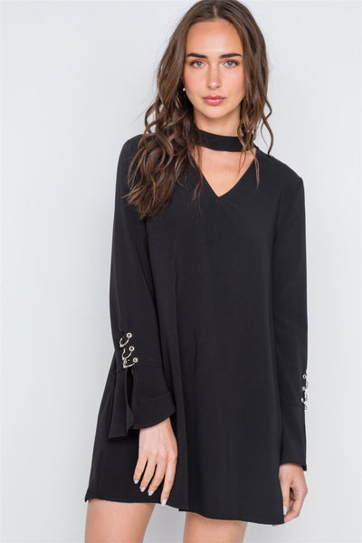 Long Sleeve V-cut Out Solid Mini Dress - Deals Kiosk